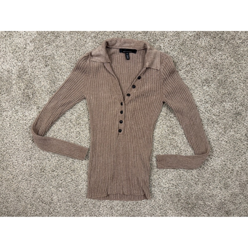 White House Black Market Ribbed Knit Henley Polo Top Taupe Brown XS Long Sleeve